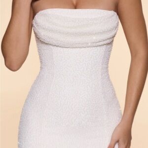 Embellished Strapless Cowl Neck Mini Dress in Ivory - 10 / Regular Length